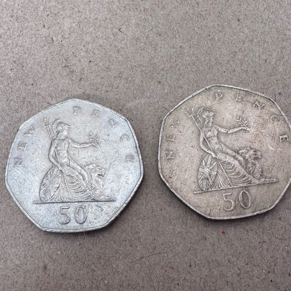 Vintage UK 50 Pence Coins 1978 & 1981 Queen Elizabeth II New Pence Britannia 2pc
